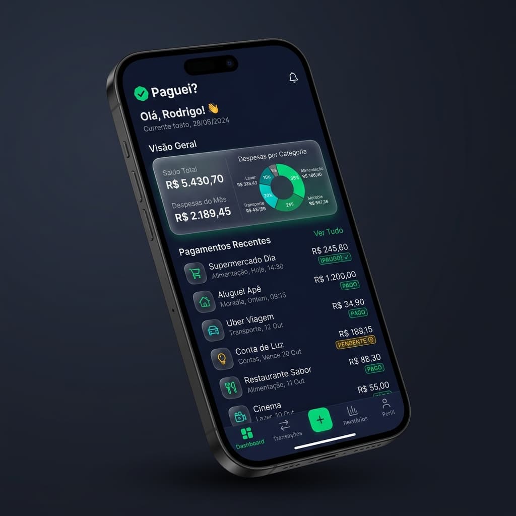 Mockup do app Paguei? com dashboard de pagamentos, controle financeiro e categorização de despesas